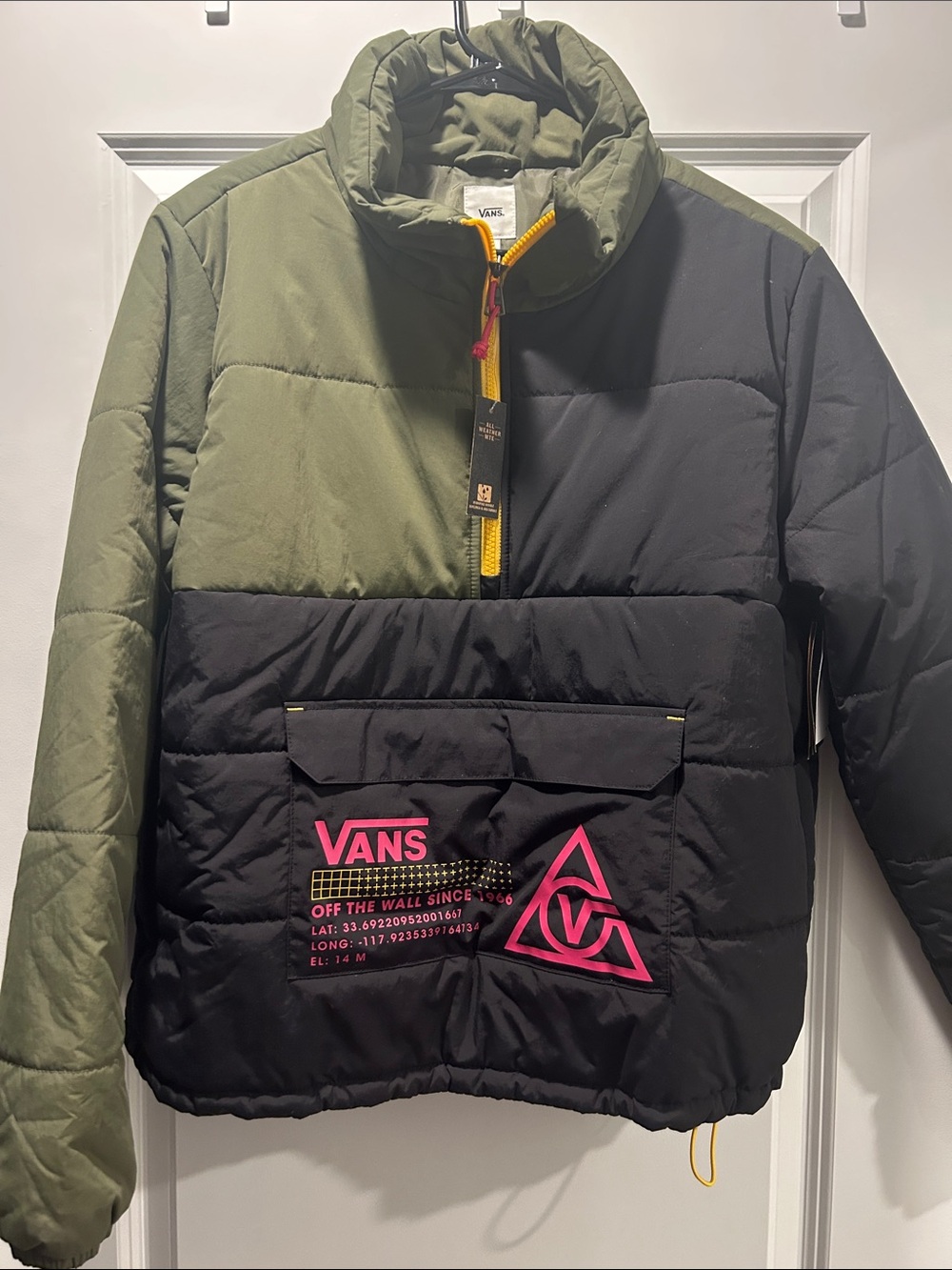 Vans Olive Green & Black Puffer Jacket with Pink Logo